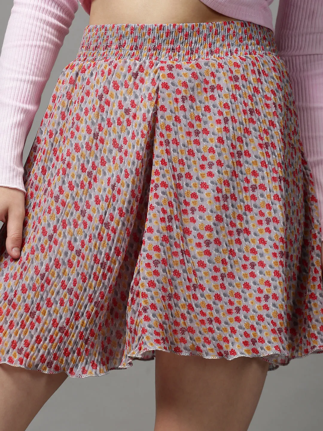 Women Floral Grey Mini Flared Skirts