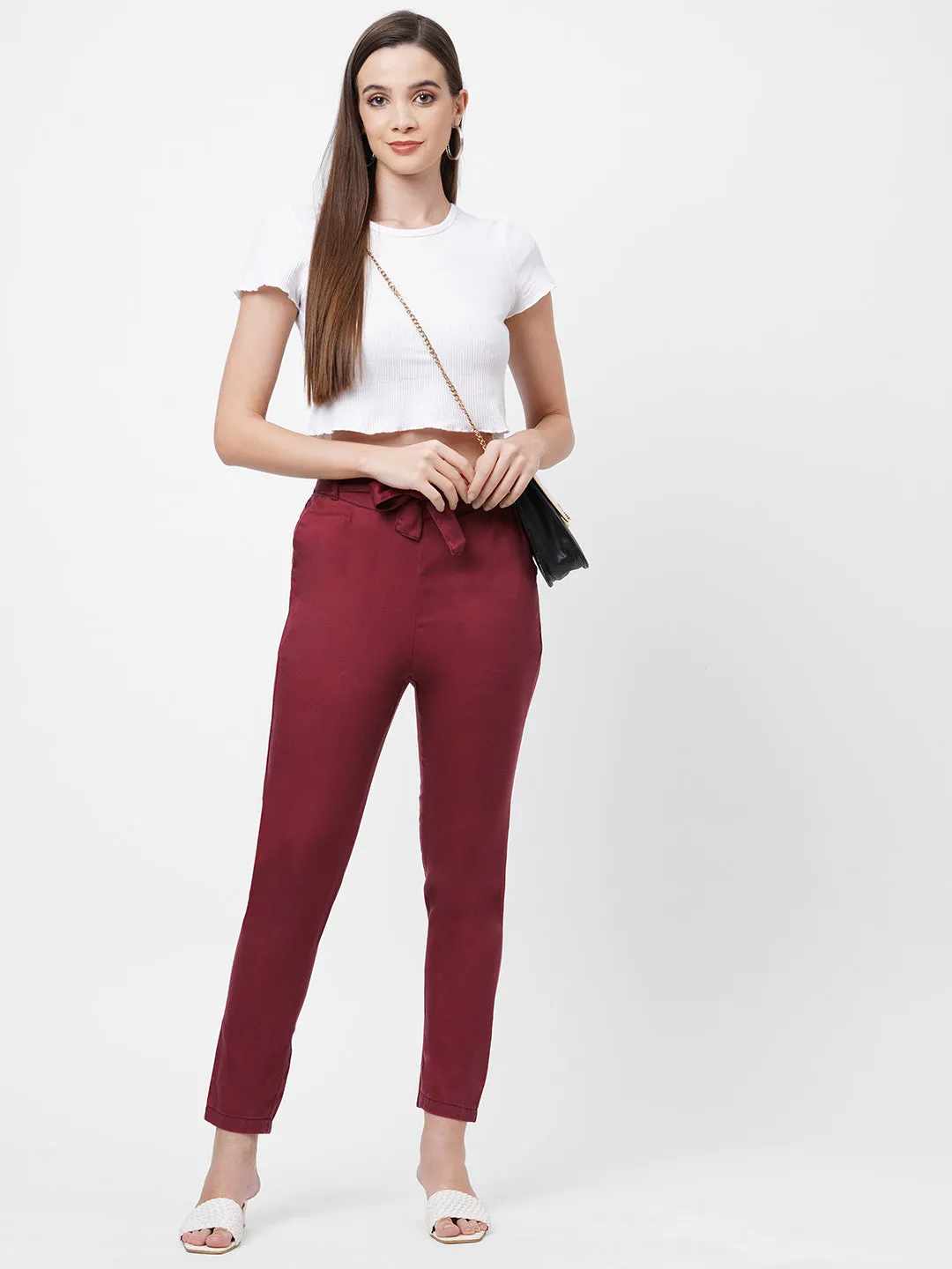 Women High-Rise Comfort Fit Paper Bag Pants