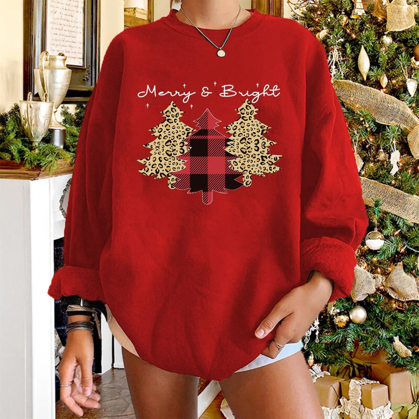 Women's round neck Christmas print long-sleeved sweater