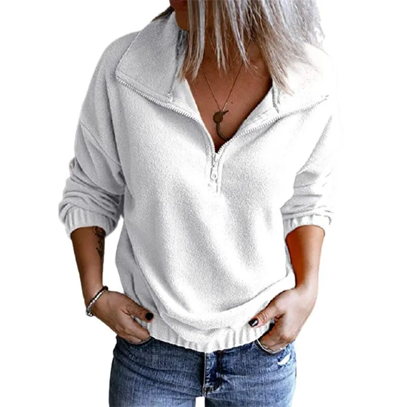 Women's solid color polar fleece stand-up collar zipper sweater