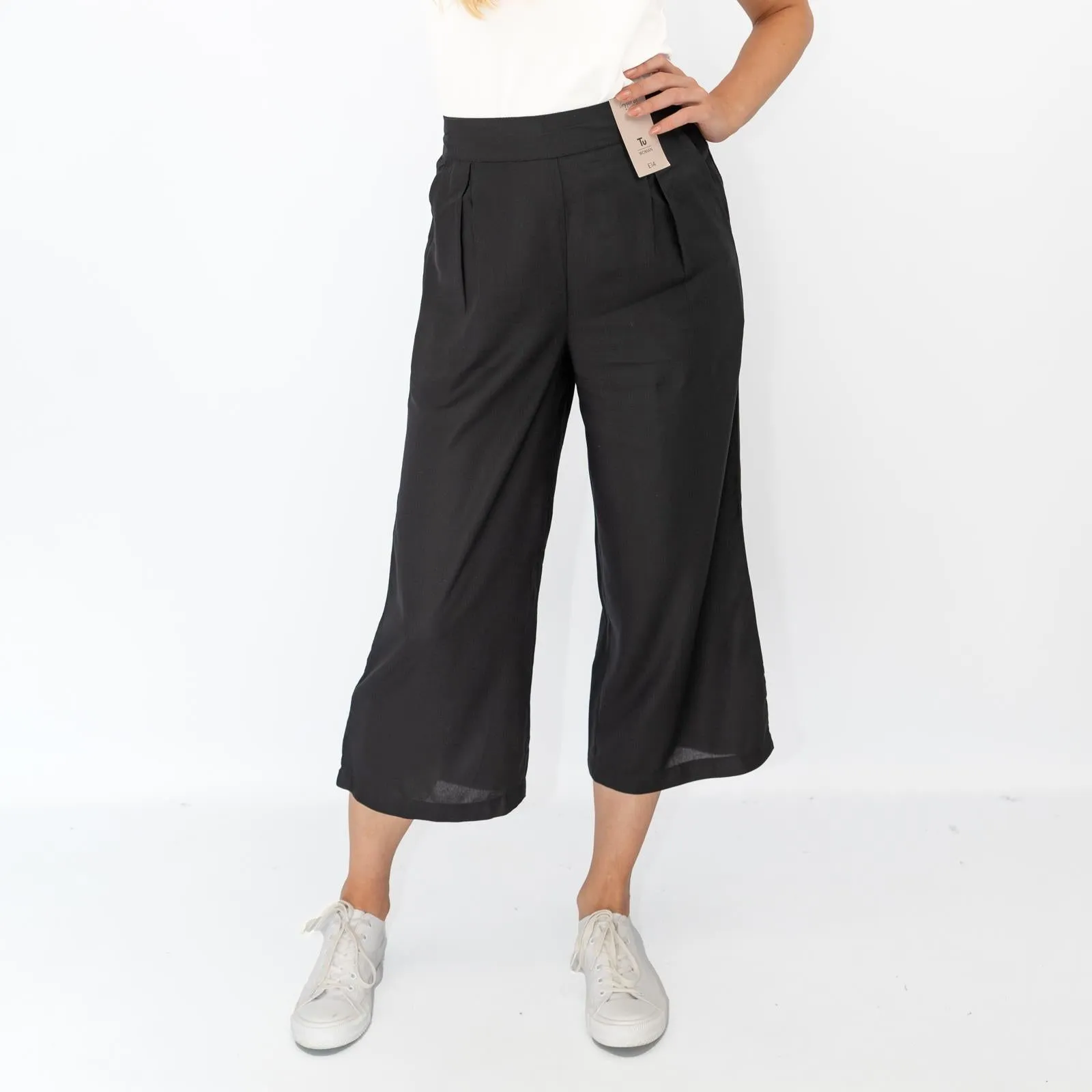 Womens Trousers Black Woven Crop Wide Leg