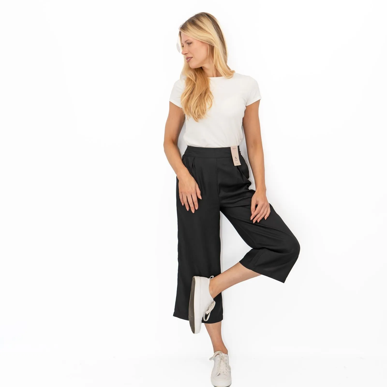 Womens Trousers Black Woven Crop Wide Leg