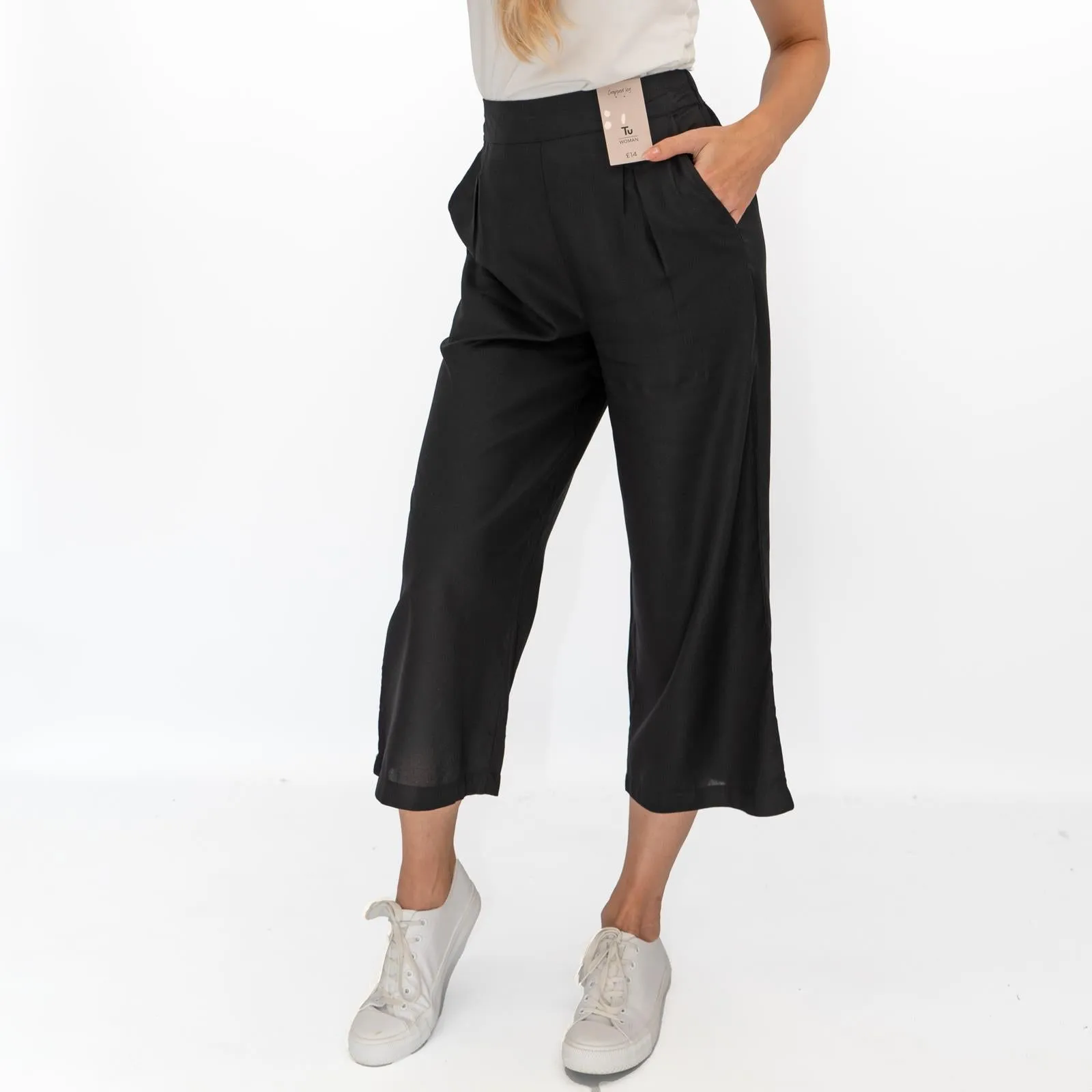 Womens Trousers Black Woven Crop Wide Leg