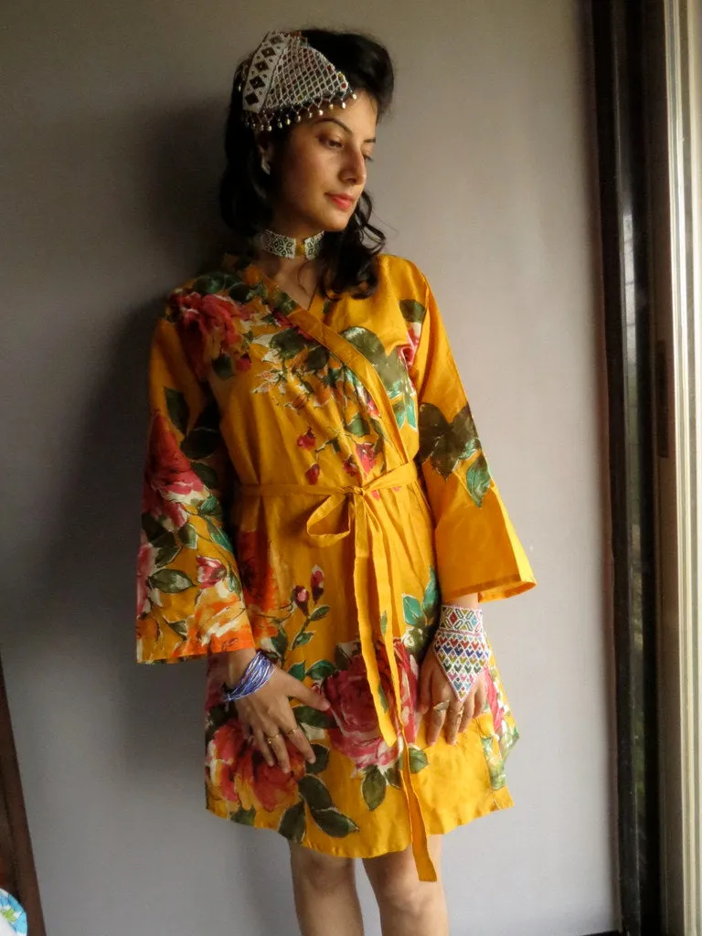 Yellow Floral Knee Length, Kimono Crossover Belted Robe-D9 fabric Code