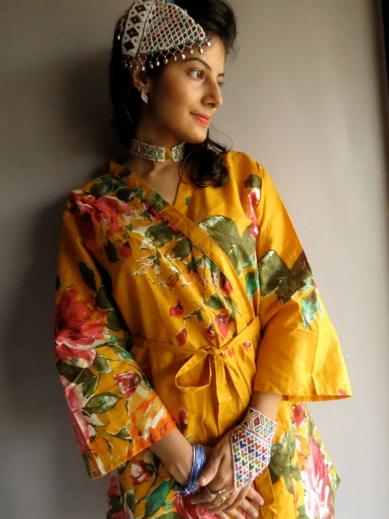 Yellow Floral Knee Length, Kimono Crossover Belted Robe-D9 fabric Code